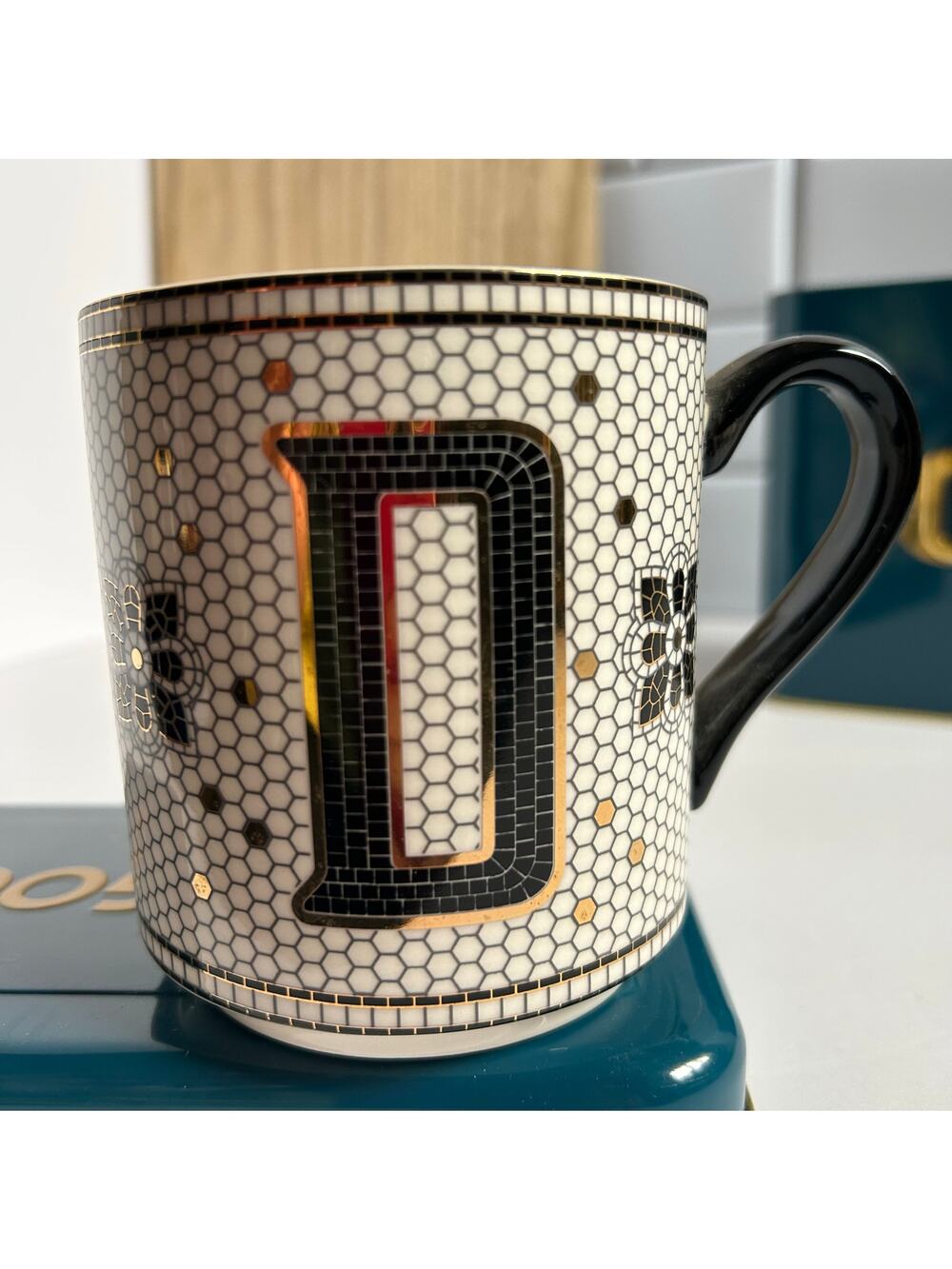 Anthropologie Mug Art Deco Subway Tile Gold Hexagon Monogram D Initial